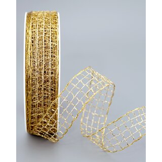 20 m x 25 mm Gitterband Alex Gold Dekoband mit Drahtkanten Drahtkantenband Glanz Lurexband Netzband Floristik Lurex