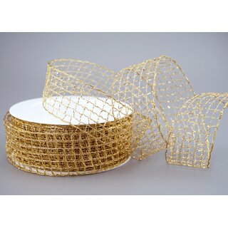 20 m x 40 mm Gitterband Alex Gold Dekoband mit Drahtkanten Drahtkantenband Glanz Lurexband Netzband Floristik Lurex