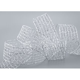 20 m x 40 mm Gitterband Alex SILBER Dekoband mit Drahtkanten Drahtkantenband Glanz Lurexband Netzband Floristik Lurex