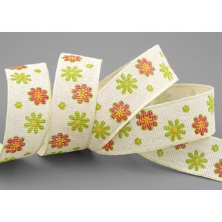 3 m x 25 mm Baumwollband Blumen CREME GRN Dekoband Schleifenband Baumwolle Geschenkband 100% biologisch abbaubar umweltfreundlich Band 