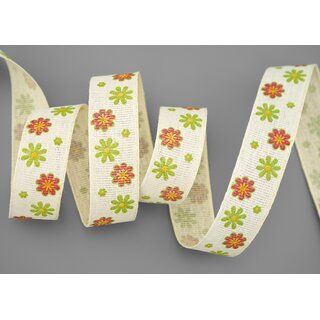 3 m x 25 mm Baumwollband Blumen CREME GRN Dekoband Schleifenband Baumwolle Geschenkband 100% biologisch abbaubar umweltfreundlich Band 