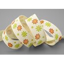 3 m x 25 mm Baumwollband Blumen CREME GRN Dekoband...