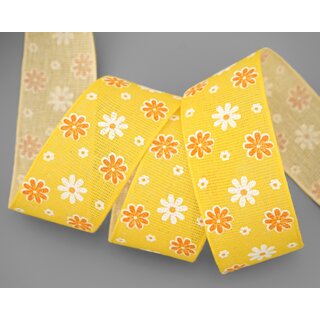 3 m x 40 mm Baumwollband Blumen GELB Dekoband Schleifenband Baumwolle Geschenkband 100% biologisch abbaubar umweltfreundlich Band 