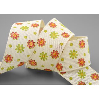 20 m x 40 mm Baumwollband Blumen CREME GRN Dekoband Schleifenband Baumwolle Geschenkband 100% biologisch abbaubar umweltfreundlich Band 