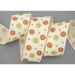 20 m x 40 mm Baumwollband Blumen CREME GRN Dekoband Schleifenband Baumwolle Geschenkband 100% biologisch abbaubar umweltfreundlich Band 