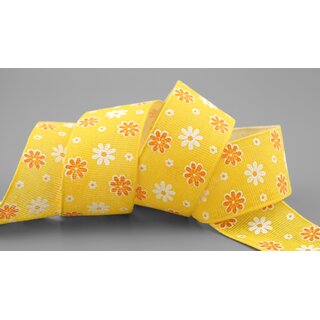 20 m x 40 mm Baumwollband Blumen GELB Dekoband Schleifenband Baumwolle Geschenkband 100% biologisch abbaubar umweltfreundlich Band 
