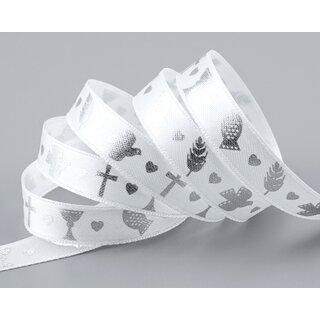 20 m x 15 mm Dekoband Kommunion Fisch Taube Kreuz Weiss Silber Schleifenband Geschenkband Satin ohne Draht Herzen Konfirmation Band