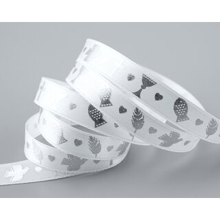 20 m x 15 mm Dekoband Kommunion Fisch Taube Kreuz Weiss Silber Schleifenband Geschenkband Satin ohne Draht Herzen Konfirmation Band