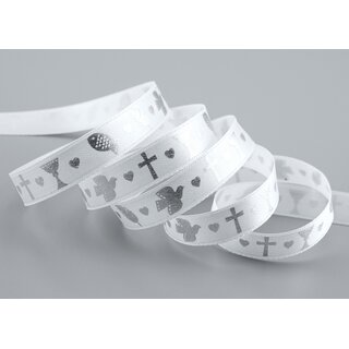 20 m x 15 mm Dekoband Kommunion Fisch Taube Kreuz Weiss Silber Schleifenband Geschenkband Satin ohne Draht Herzen Konfirmation Band