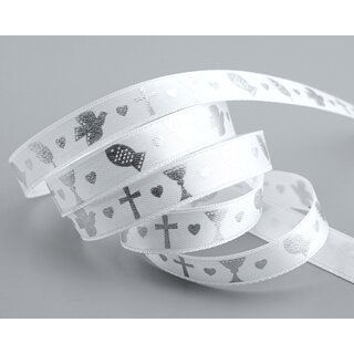 20 m x 15 mm Dekoband Kommunion Fisch Taube Kreuz Weiss Silber Schleifenband Geschenkband Satin ohne Draht Herzen Konfirmation Band