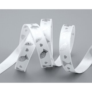 20 m x 15 mm Dekoband Kommunion Fisch Taube Kreuz Weiss Silber Schleifenband Geschenkband Satin ohne Draht Herzen Konfirmation Band
