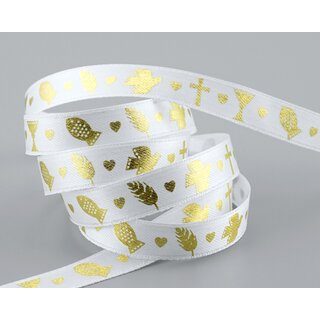 20 m x 15 mm Dekoband Kommunion Fisch Taube Kreuz Weiss GOLD Schleifenband Geschenkband Satin ohne Draht Herzen Konfirmation Band