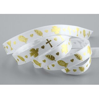 20 m x 15 mm Dekoband Kommunion Fisch Taube Kreuz Weiss GOLD Schleifenband Geschenkband Satin ohne Draht Herzen Konfirmation Band