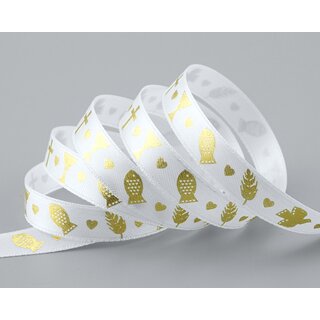 20 m x 15 mm Dekoband Kommunion Fisch Taube Kreuz Weiss GOLD Schleifenband Geschenkband Satin ohne Draht Herzen Konfirmation Band