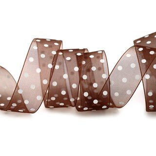 20 m x 25 mm Dekoband Chiffon Punkte BRAUN mit formstabilen Kanten Geschenkband Schleifenband transparent Organza Dots