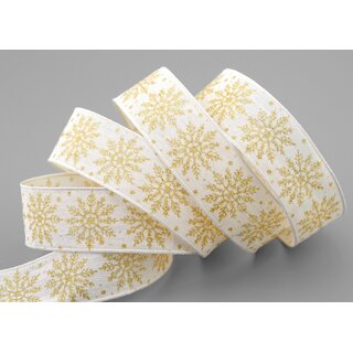 3 m x 25 mm Dekoband ADAM Scheeflocken Creme Gold Glitzer glnzendes Schleifenband mit Draht Weihnachten
