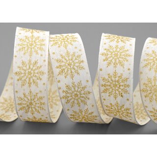 3 m x 25 mm Dekoband ADAM Scheeflocken Creme Gold Glitzer glnzendes Schleifenband mit Draht Weihnachten