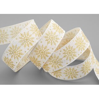 3 m x 25 mm Dekoband ADAM Scheeflocken Creme Gold Glitzer glnzendes Schleifenband mit Draht Weihnachten