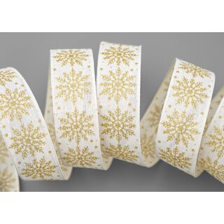 3 m x 25 mm Dekoband ADAM Scheeflocken Creme Gold Glitzer glnzendes Schleifenband mit Draht Weihnachten
