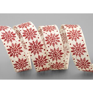 3 m x 25 mm Dekoband ADAM Scheeflocken Creme Rot Glitzer glnzendes Schleifenband mit Draht Weihnachten