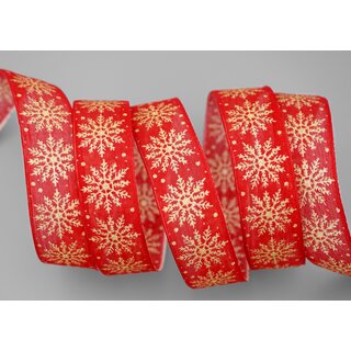 3 m x 25 mm Dekoband ADAM Scheeflocken Rot Gold Glitzer glnzendes Schleifenband mit Draht Weihnachten