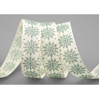 20 m x 25 mm Dekoband ADAM Scheeflocken Creme Altgrn Glitzer glnzendes Schleifenband mit Draht Weihnachten