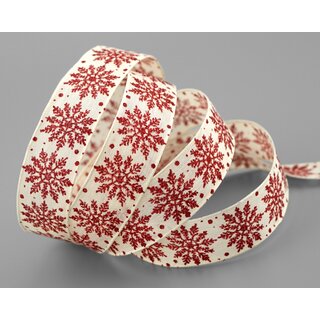20 m x 25 mm Dekoband ADAM Scheeflocken Creme Rot Glitzer glnzendes Schleifenband mit Draht Weihnachten