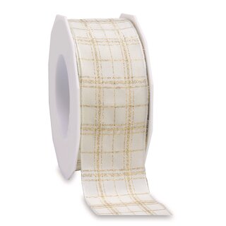 3 m x 40 mm Dekoband KARO MAX Creme Gold Ivory mit Drahtkanten Goldkanten Lurex Schleifenband Geschenkband Weihnachten kariert