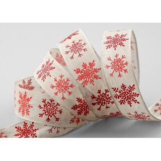 3 m x 25 mm Dekoband Schnee ZAUBER Beige Rot Schleifenband Natur mit Draht Stoffband Geschenkband Schneeflocken Weihnachten Winter