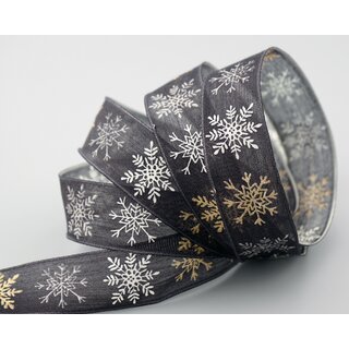 3 m x 25 mm Dekoband Schnee ZAUBER Schwarz Gold Schleifenband Natur mit Draht Stoffband Geschenkband Schneeflocken Weihnachten Winter