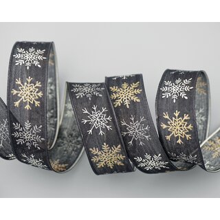 3 m x 25 mm Dekoband Schnee ZAUBER Schwarz Gold Schleifenband Natur mit Draht Stoffband Geschenkband Schneeflocken Weihnachten Winter