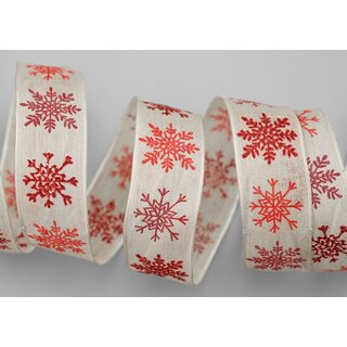 20 m x 25 mm Dekoband Schnee ZAUBER Beige Rot Schleifenband Natur mit Draht Stoffband Geschenkband Schneeflocken Weihnachten Winter