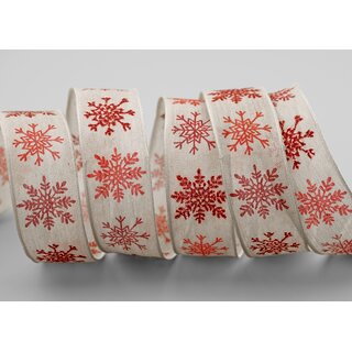 20 m x 25 mm Dekoband Schnee ZAUBER Beige Rot Schleifenband Natur mit Draht Stoffband Geschenkband Schneeflocken Weihnachten Winter