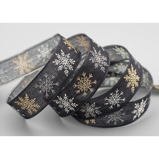 20 m x 25 mm Dekoband Schnee ZAUBER Schwarz Gold Schleifenband Natur mit Draht Stoffband Geschenkband Schneeflocken Weihnachten Winter