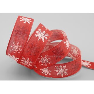 20 m x 25 mm Dekoband Schnee ZAUBER Rot Weiss Schleifenband mit Draht Stoffband Geschenkband Schneeflocken Weihnachten Winter