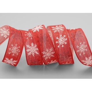 20 m x 25 mm Dekoband Schnee ZAUBER Rot Weiss Schleifenband mit Draht Stoffband Geschenkband Schneeflocken Weihnachten Winter