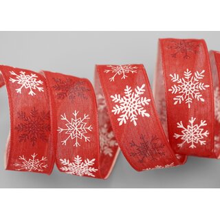 20 m x 25 mm Dekoband Schnee ZAUBER Rot Weiss Schleifenband mit Draht Stoffband Geschenkband Schneeflocken Weihnachten Winter
