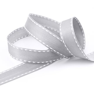 15 m x 15 mm Ripsband STITCHES GRAU Dekoband ohne Draht Geschenkband gerippt Schleifenband Reliefband gestickter Rand