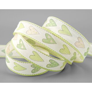 3 m x 25 mm Dekoband HERZEN GRN mit Draht Muttertag Valentinstag Hochzeit Schleifenband Stoffband Heart Liebe