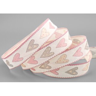 3 m x 25 mm Dekoband HERZEN ROSA mit Draht Muttertag Valentinstag Hochzeit Schleifenband Stoffband Heart Liebe