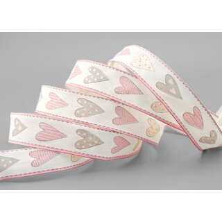 3 m x 25 mm Dekoband HERZEN ROSA mit Draht Muttertag Valentinstag Hochzeit Schleifenband Stoffband Heart Liebe