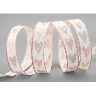 3 m x 25 mm Dekoband HERZEN ROSA mit Draht Muttertag Valentinstag Hochzeit Schleifenband Stoffband Heart Liebe