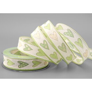 20 m x 25 mm Dekoband HERZEN GRN mit Draht Muttertag Valentinstag Hochzeit Schleifenband Stoffband Heart Liebe