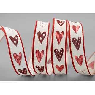 20 m x 25 mm Dekoband HERZEN ROT mit Draht Muttertag Valentinstag Hochzeit Schleifenband Stoffband Heart Liebe