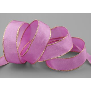 3 m x 25 mm Dekoband FAIRY TALE PINK GOLD Drahtkantenband mit Lurex Grau Metallgarn Geschenkband Weihnachten Stoffband Metallic glnzend