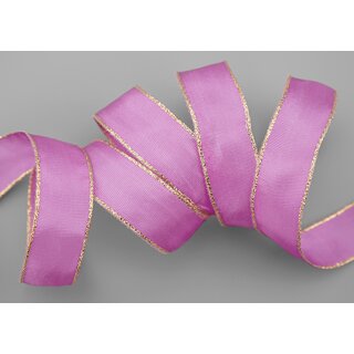 3 m x 25 mm Dekoband FAIRY TALE PINK GOLD Drahtkantenband mit Lurex Grau Metallgarn Geschenkband Weihnachten Stoffband Metallic glnzend