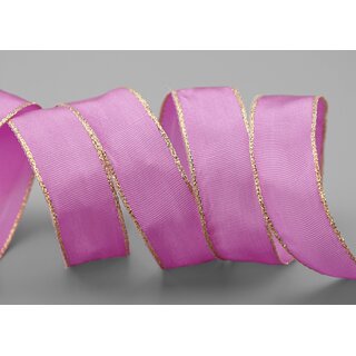 3 m x 25 mm Dekoband FAIRY TALE PINK GOLD Drahtkantenband mit Lurex Grau Metallgarn Geschenkband Weihnachten Stoffband Metallic glnzend