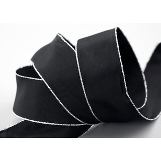 25 m x 40 mm Dekoband FAIRY TALE SCHWARZ SILBER Drahtkantenband mit Lurex Grau Metallgarn Geschenkband Weihnachten Stoffband Metallic glnzend