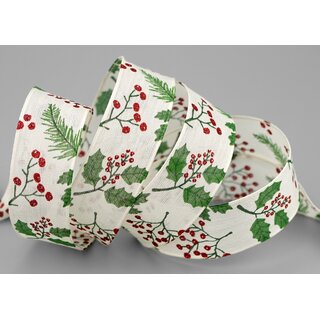 20 m x 25 mm Dekoband CHRISTMAS BERRY Creme Grn Rot Geschenkband mit Drahtkanten Schleifenband Deko Band Weihnachten Draht