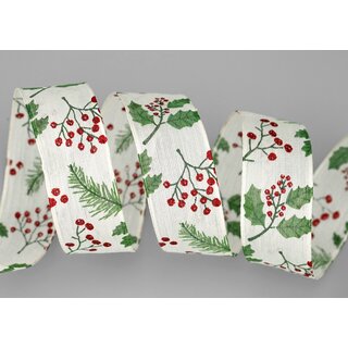 20 m x 25 mm Dekoband CHRISTMAS BERRY Creme Grn Rot Geschenkband mit Drahtkanten Schleifenband Deko Band Weihnachten Draht